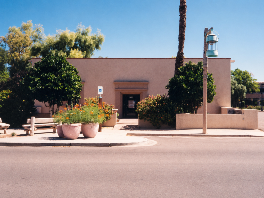 Bischoff's on the Park before renovation - original brick bank building west entrance, Old Town Scottsdale