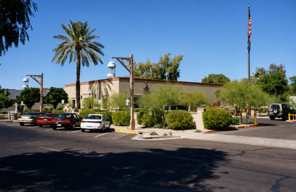 Bischoff's on the Park Phase 1 gallery renovation, Old Town Scottsdale — sw exterior and patio view