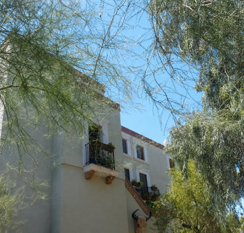 Bischoff's on the Park Phase 2 — second-floor residence addition above the historic gallery, balcony view, Scottsdale